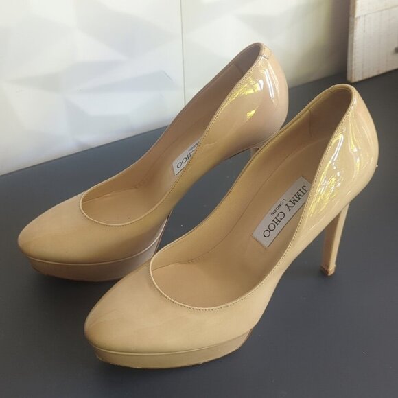 Jimmy Choo Alex Platform in Glossy Nude Beige Patent Leather Pump Heel 38.5 EU - Picture 8 of 8